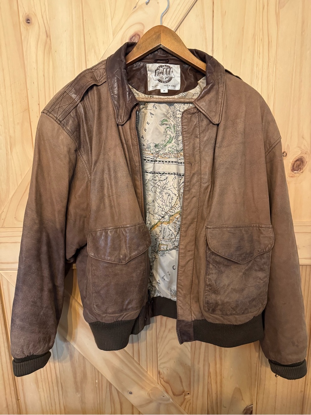 VINTAGE rown Leather Bomber Jacket with Map Lining